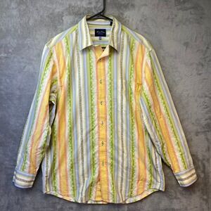 Indigo Palms Mens Yellow Green Striped Floral Button Down Shirt Size M
